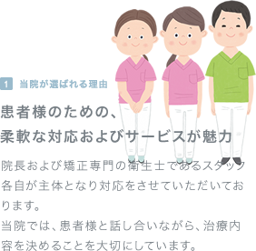 当院が選ばれる理由（１）患者様のための、柔軟な対応およびサービスが魅力：院長および矯正専門の衛生士であるスタッフ各自が主体となり対応をさせていただいております。当院では、患者様と話し合いながら、治療内容を決めることを大切にしています。